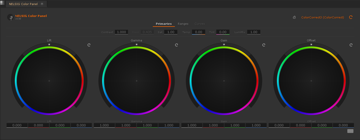 The Color Panel controlling a Grade node with Lift / Gamma / Gain / Offset wheels.