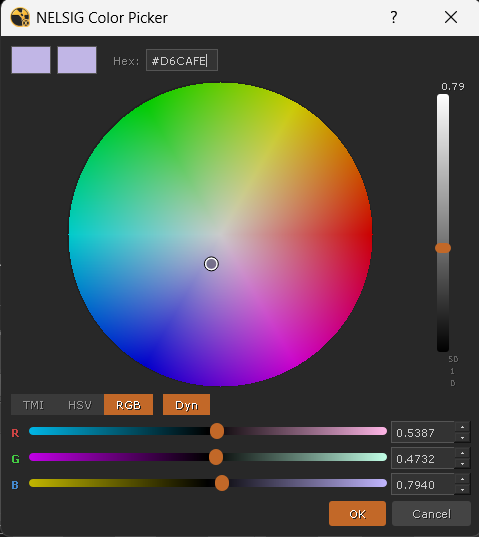 The HDR Color Picker dialog with hue/saturation wheel, gain slider, and numeric inputs.