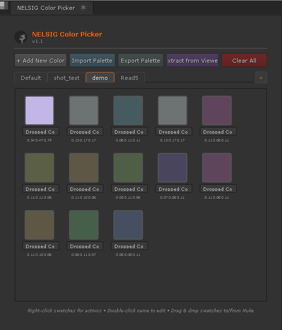 The Color Picker panel docked inside Nuke with multiple swatch groups.