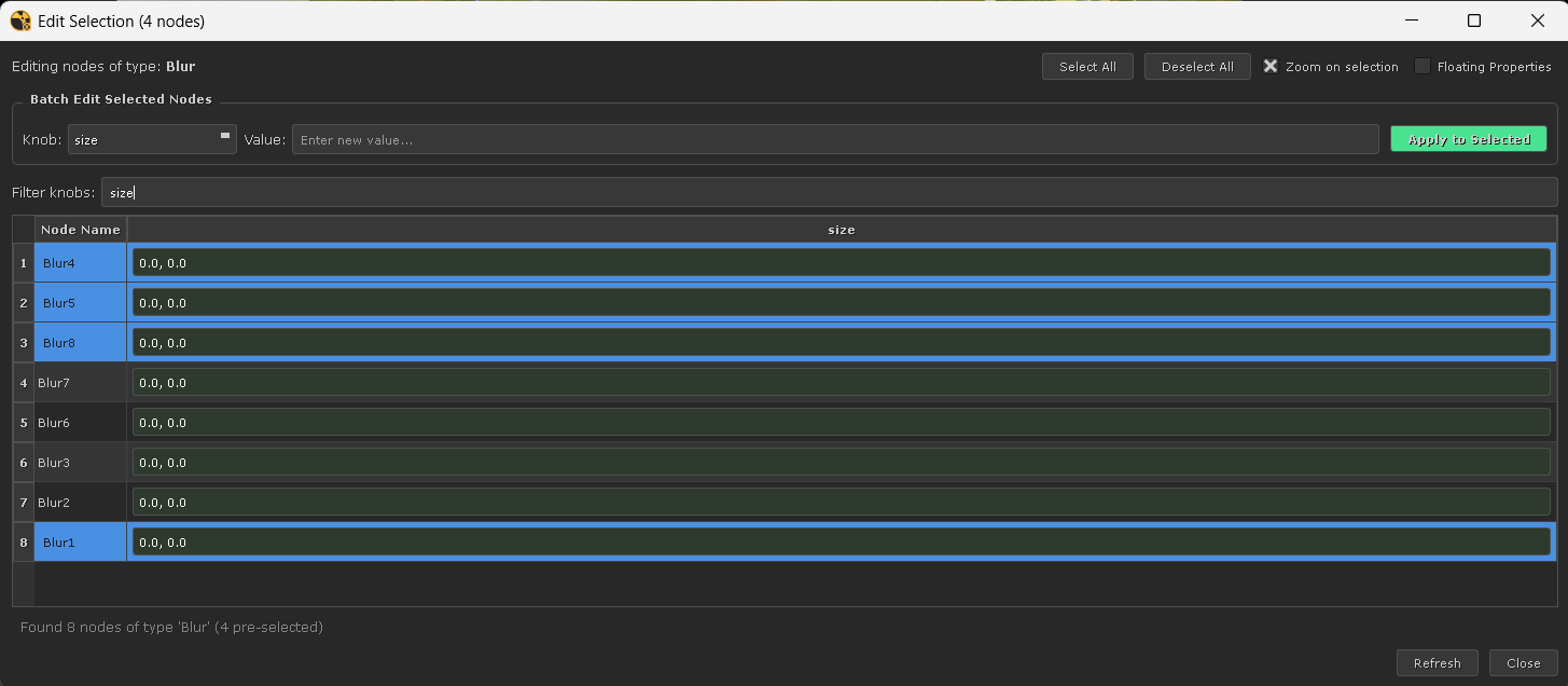 The Edit Similar spreadsheet showing all Blur nodes in the script with their key knobs as columns.