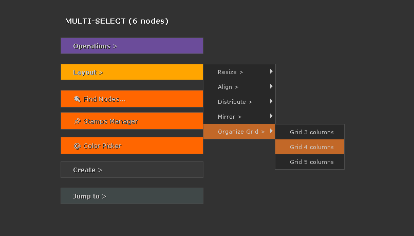 The Hotbox menu appearing over the node graph with layout, backdrop, and operations sections.