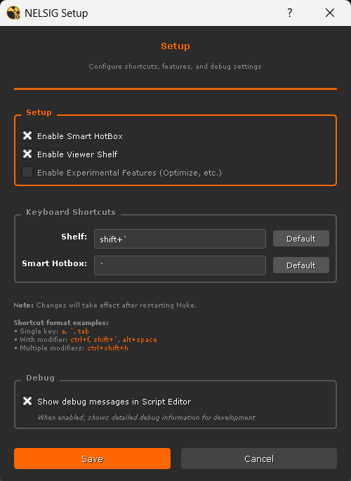 The NGT Setup panel with feature toggles, shortcut configuration, and debug options.